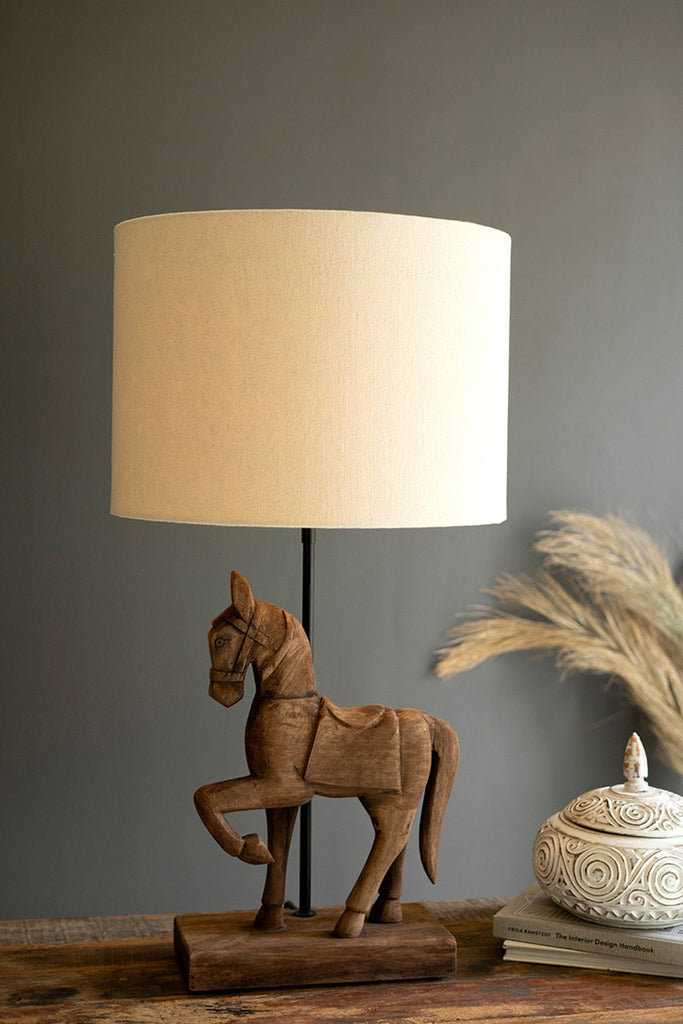 Wooden Horse Table Lamp with Fabric Shade - Bombay Mercantile