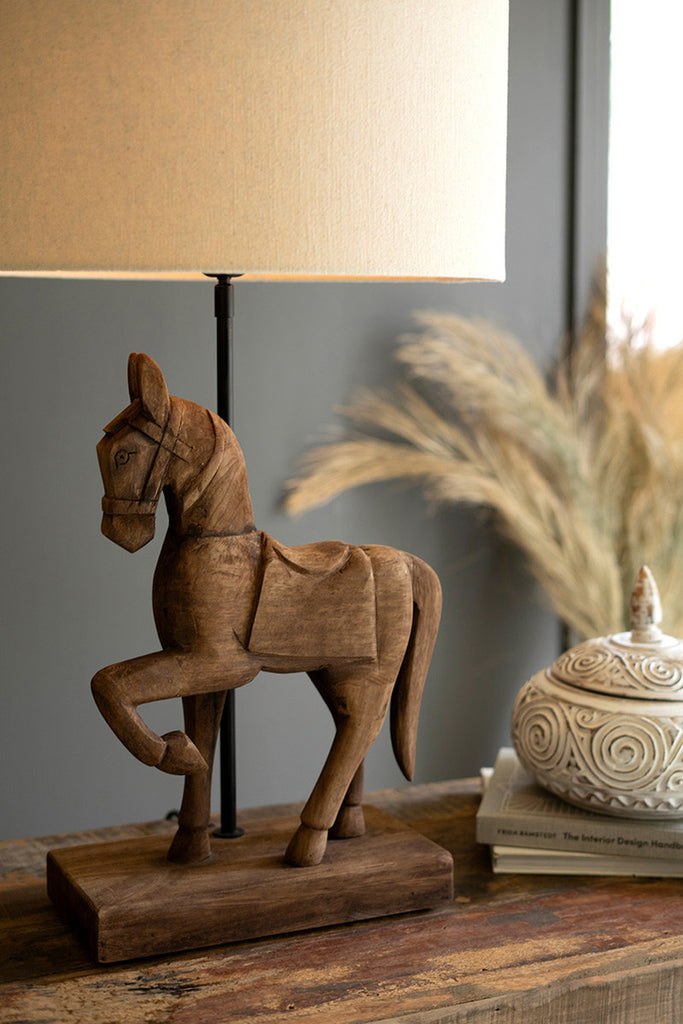 Wooden Horse Table Lamp with Fabric Shade - Bombay Mercantile