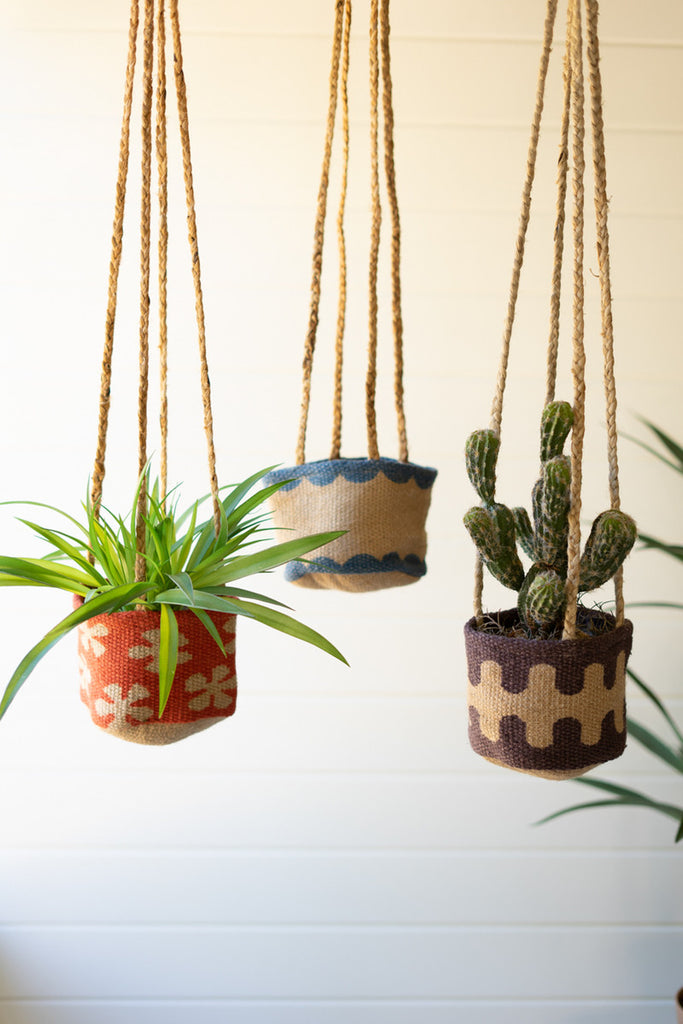 Set of 3 Hanging Printed Jute Planters - Bombay Mercantile