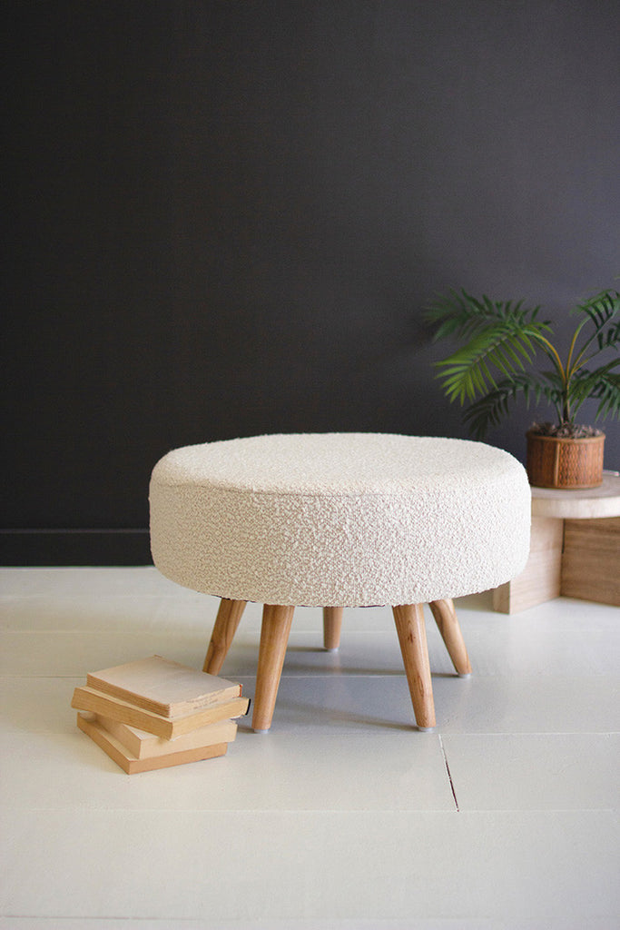 Pearl Boucle Stool with Wooden Legs - Bombay Mercantile