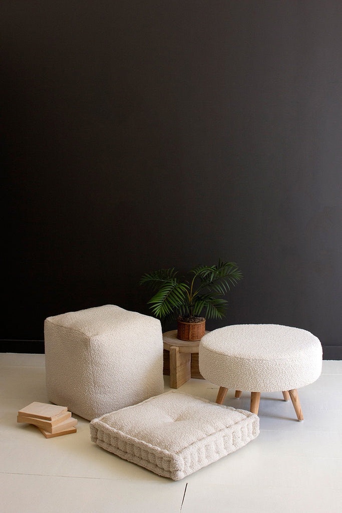Pearl Boucle Stool with Wooden Legs - Bombay Mercantile