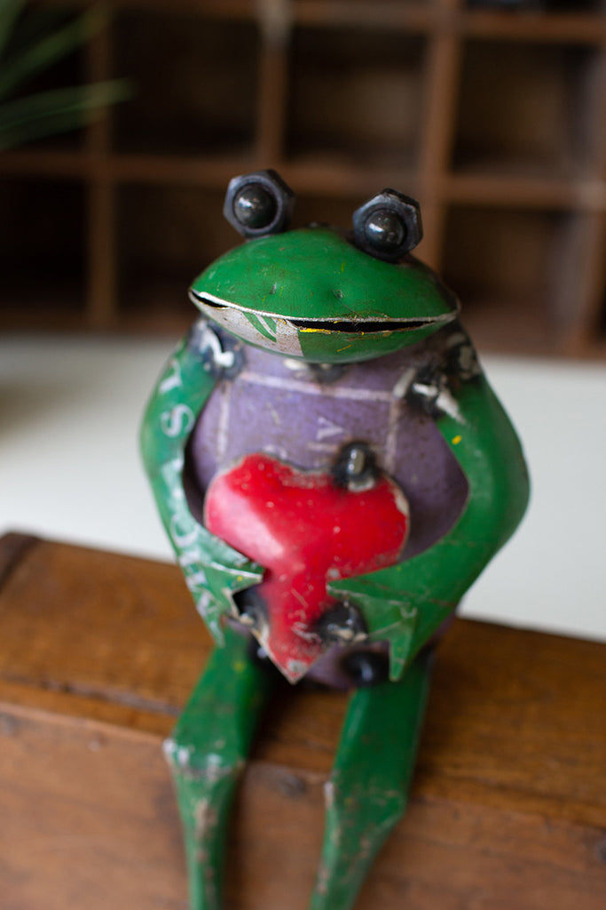 Set of 2 Recycled Iron Frog Shelf Sitter with Heart - Bombay Mercantile