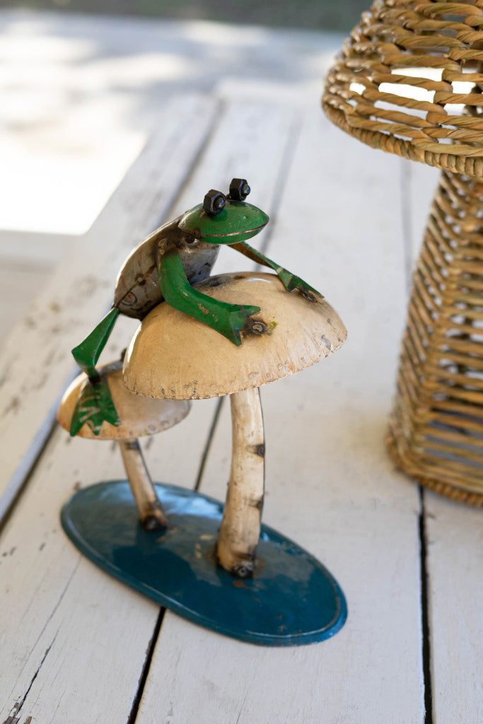 Recycled iron frog climbing on mushrooms - Bombay Mercantile