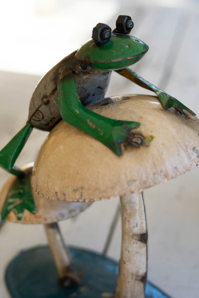 Recycled iron frog climbing on mushrooms - Bombay Mercantile