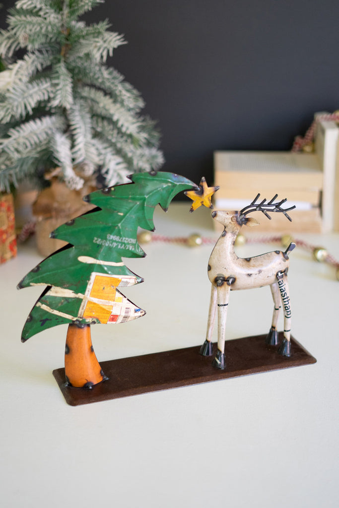 Recycled Iron Deer with Christmas Tree - Bombay Mercantile