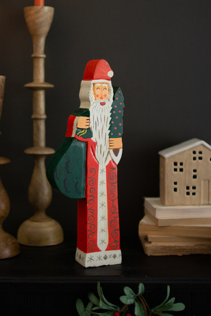 Painted Wooden Santa Sculpture - Bombay Mercantile