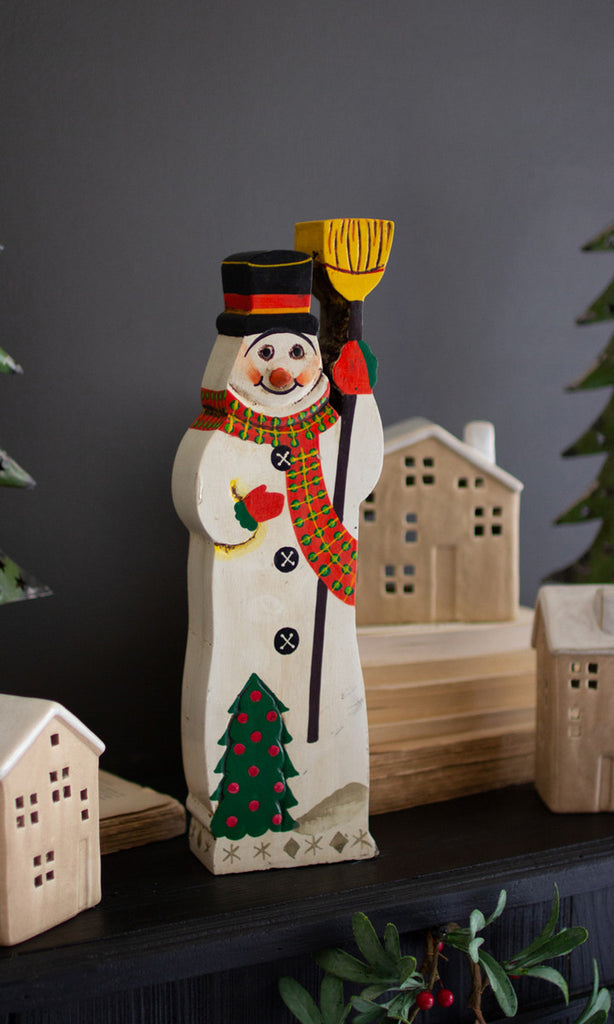 Painted Wooden Snowman Sculpture - Bombay Mercantile