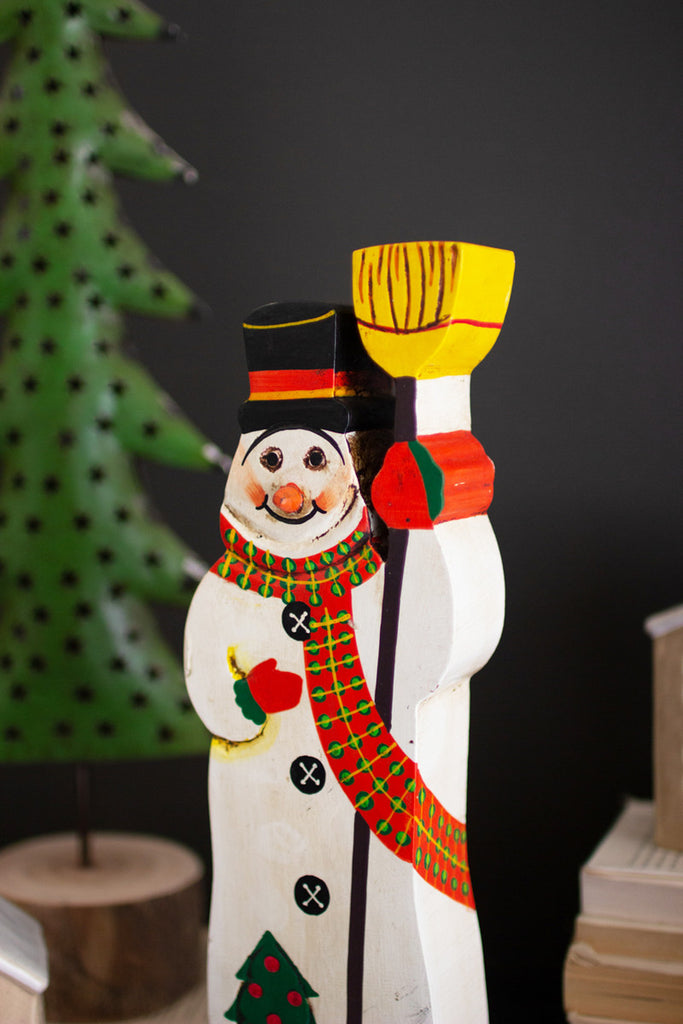 Painted Wooden Snowman Sculpture - Bombay Mercantile
