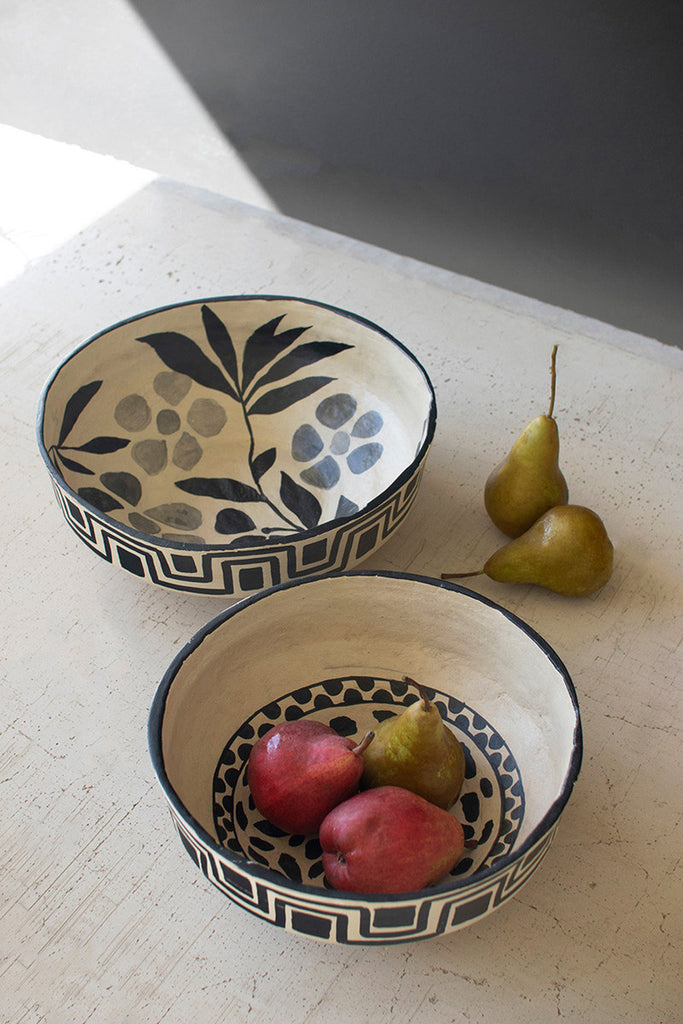 Set of 2 Black and White Paper Mache Bowls - Bombay Mercantile