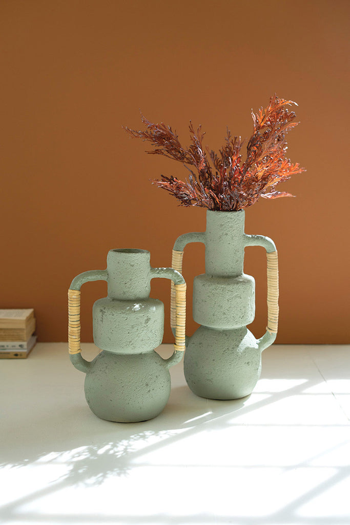 Set of 2 Mint Paper Mache Vases with Cane Wrapped Handles - Bombay Mercantile