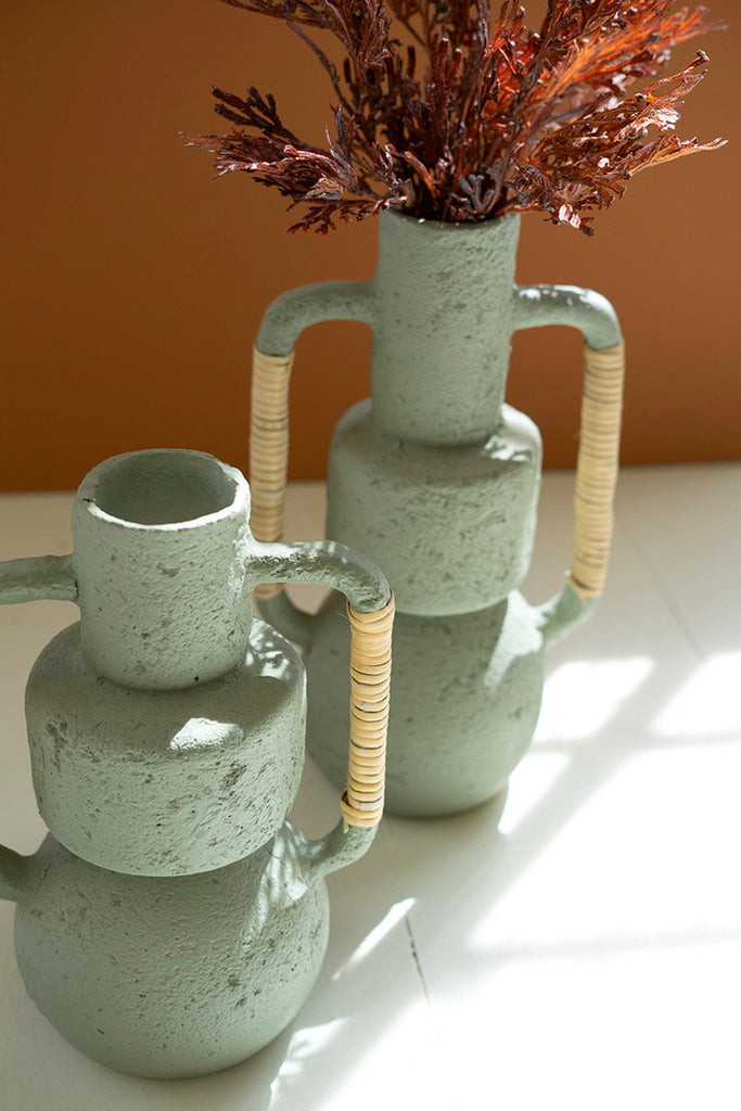 Set of 2 Mint Paper Mache Vases with Cane Wrapped Handles - Bombay Mercantile