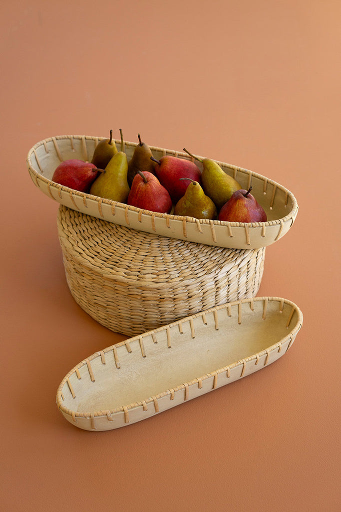 Set of 2 Paper Mache Oval Bowls with Cane Weaving - Bombay Mercantile