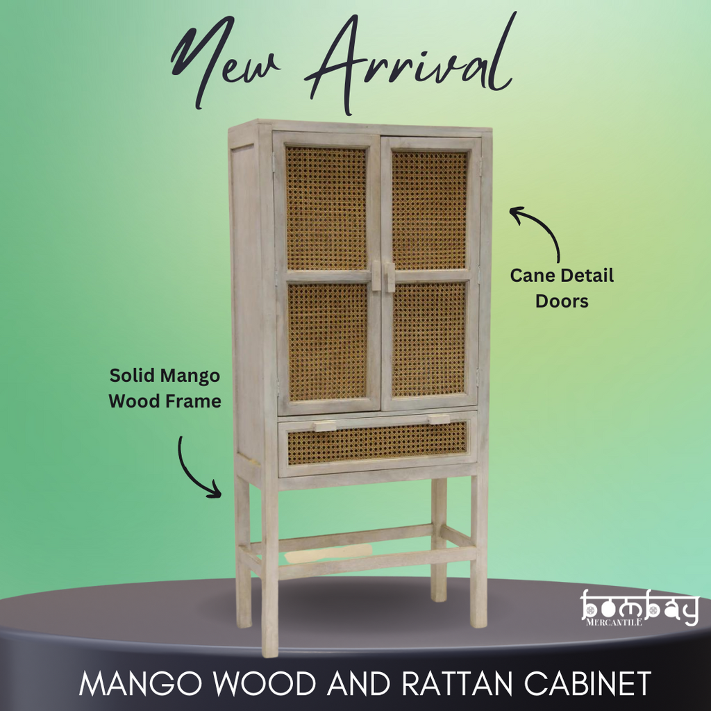 Mango Wood and  Rattan Cabinet - Bombay Mercantile