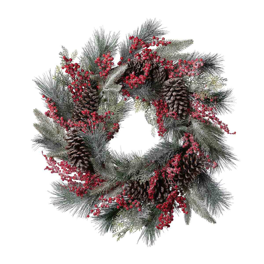 Frosted Mixed Evergreen, Pine Cone and Berry Wreath - Bombay Mercantile