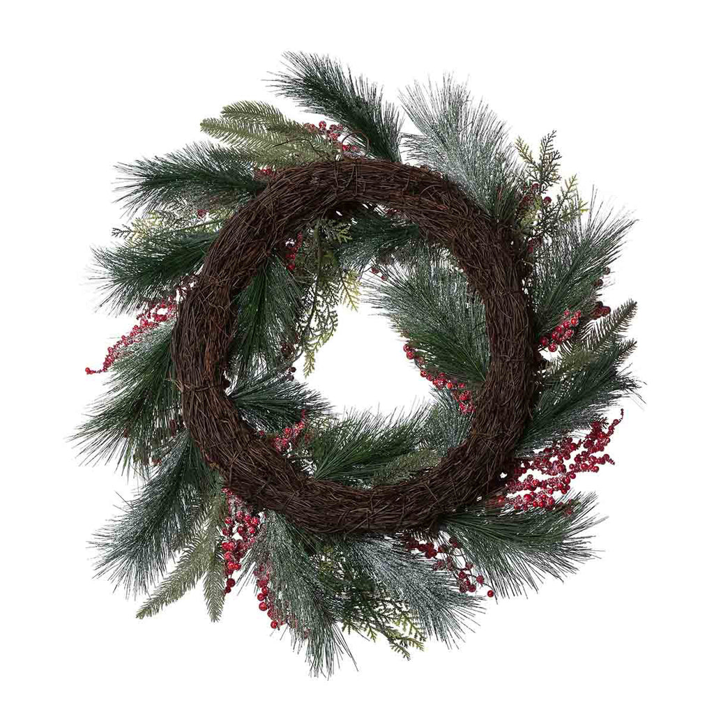 Frosted Mixed Evergreen, Pine Cone and Berry Wreath - Bombay Mercantile