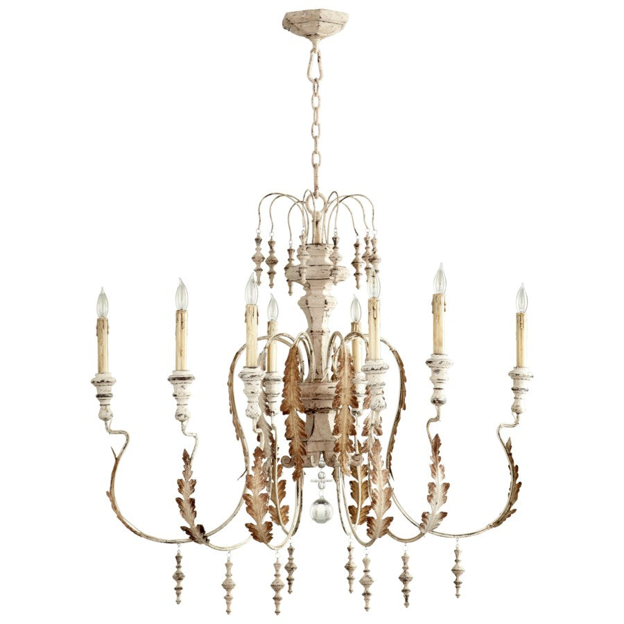 Eight-light aged white chandelier. - The Nifty Decor
