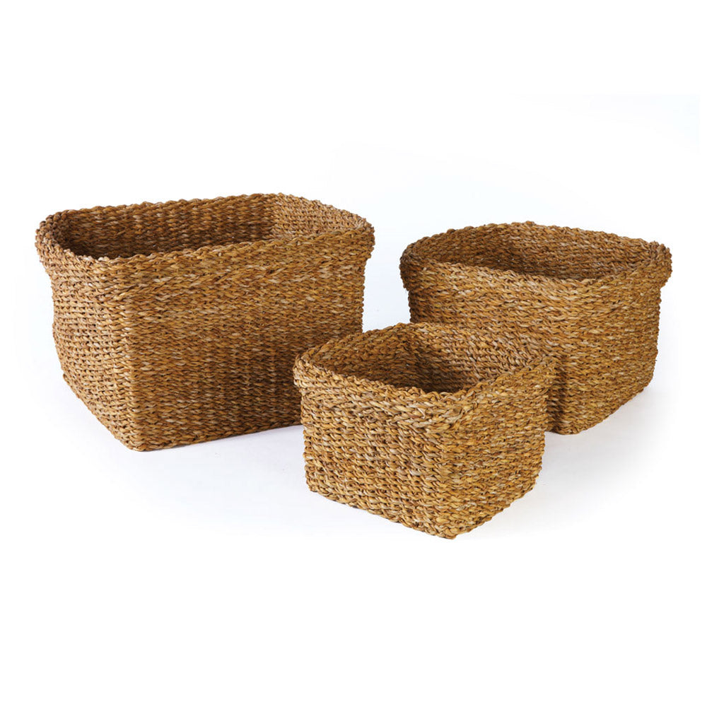 SEAGRASS SQUARE BASKETS WITH CUFFS, SET OF 3 - The Nifty Decor