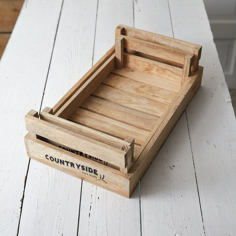 Set of Two Countryside Wood Trays - Bombay Mercantile