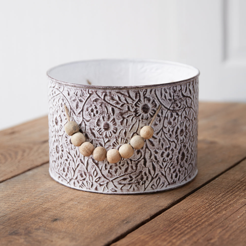 Wildflowers Stamped Metal Bucket with Wood Bead Handles - Bombay Mercantile