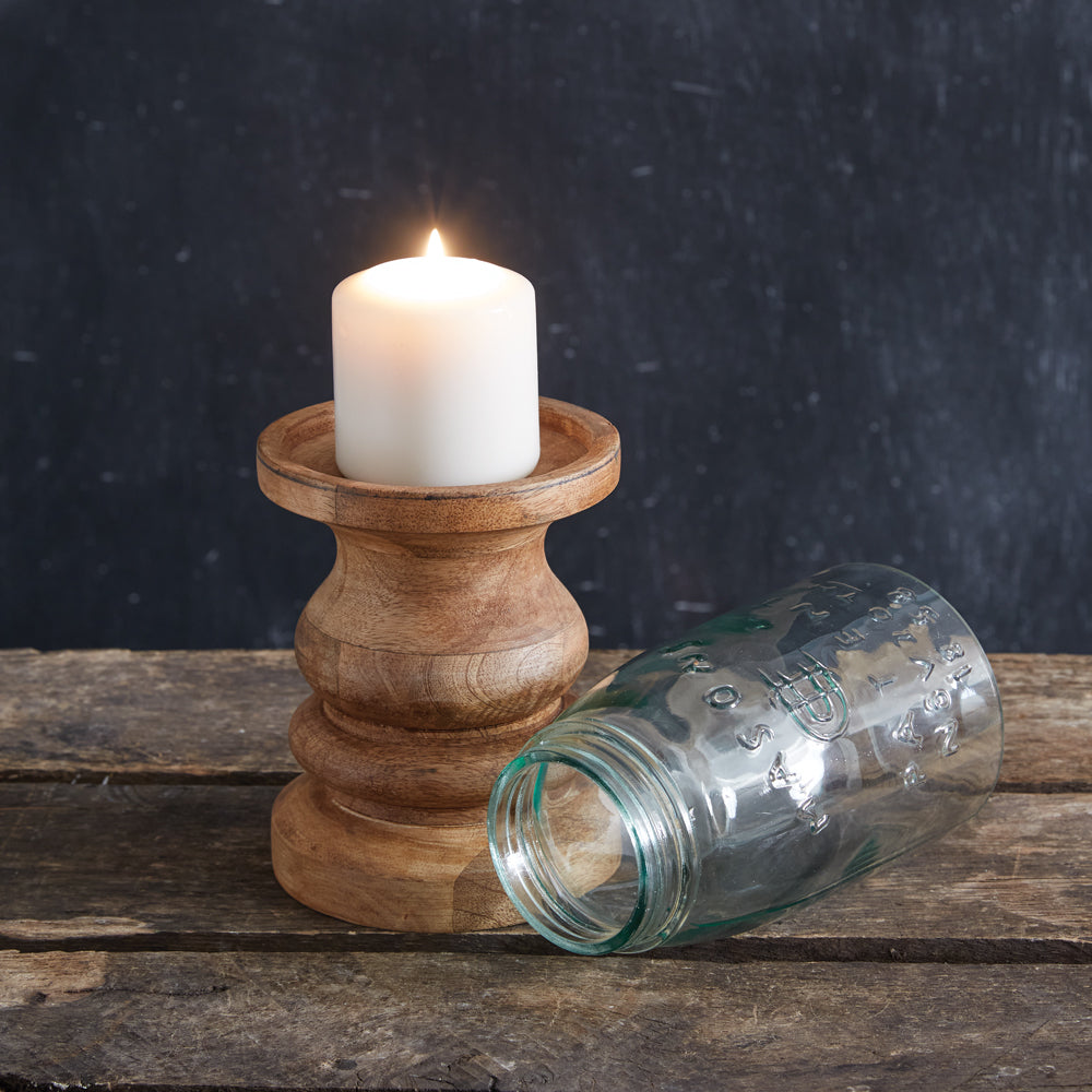 Wooden Candle Holder with Mason Jar Chimney - Quart - Bombay Mercantile