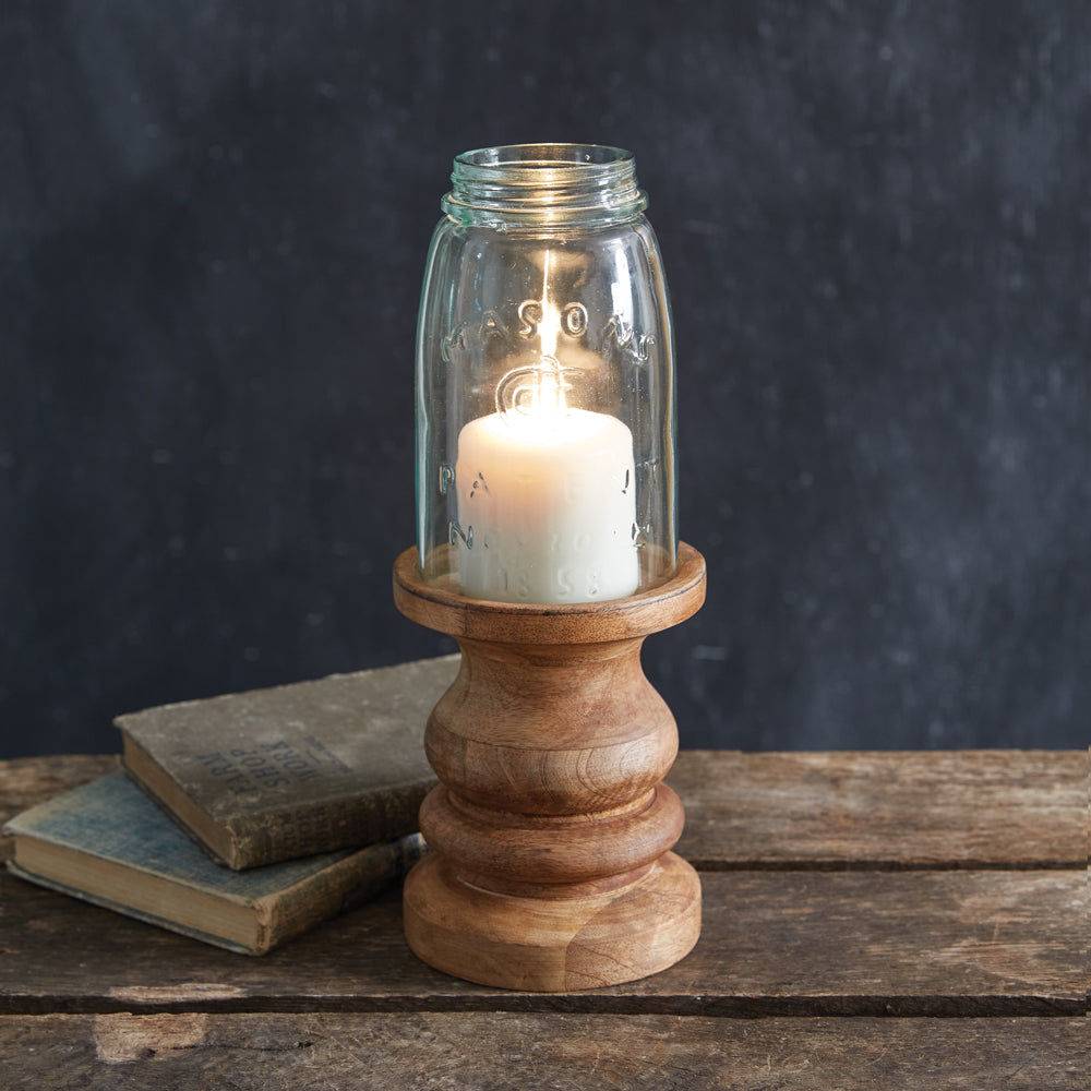 Wooden Candle Holder with Mason Jar Chimney - Quart - Bombay Mercantile