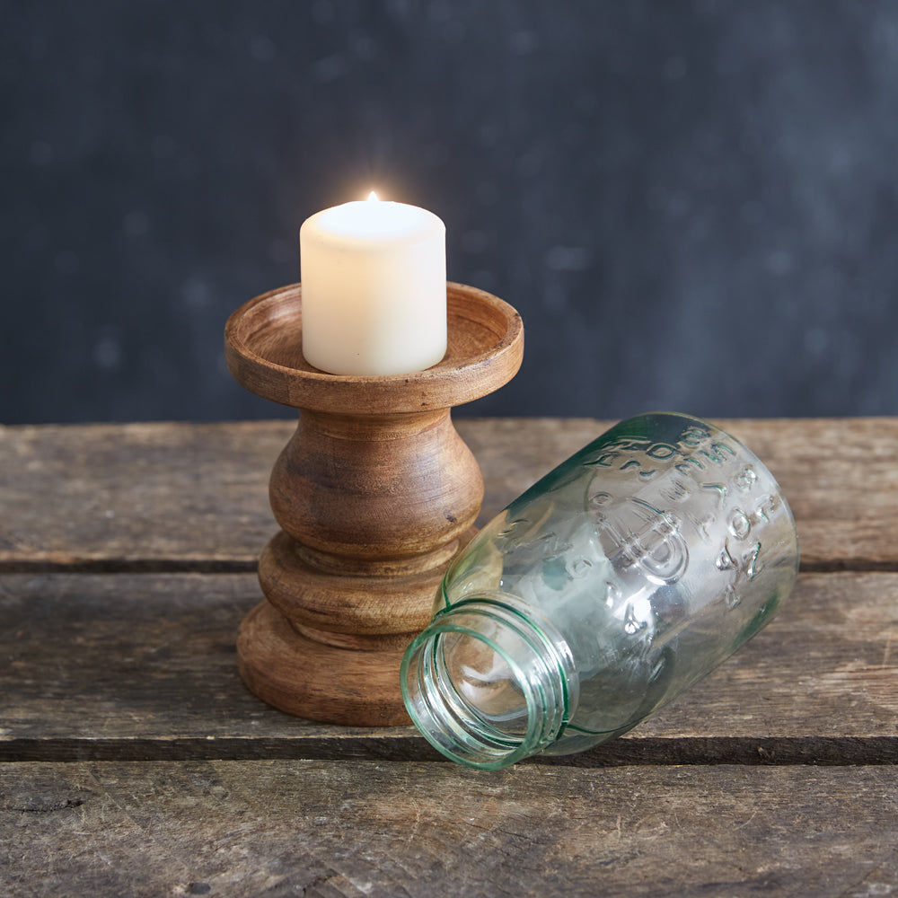 Wooden Candle Holder with Mason Jar Chimney - Midget Pint - Bombay Mercantile