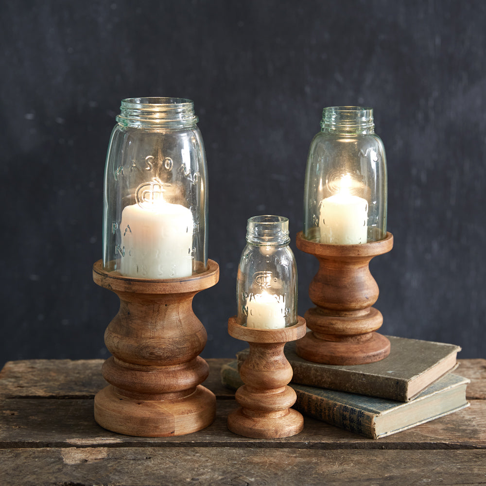 Wooden Candle Holder with Mason Jar Chimney - Midget Pint - Bombay Mercantile