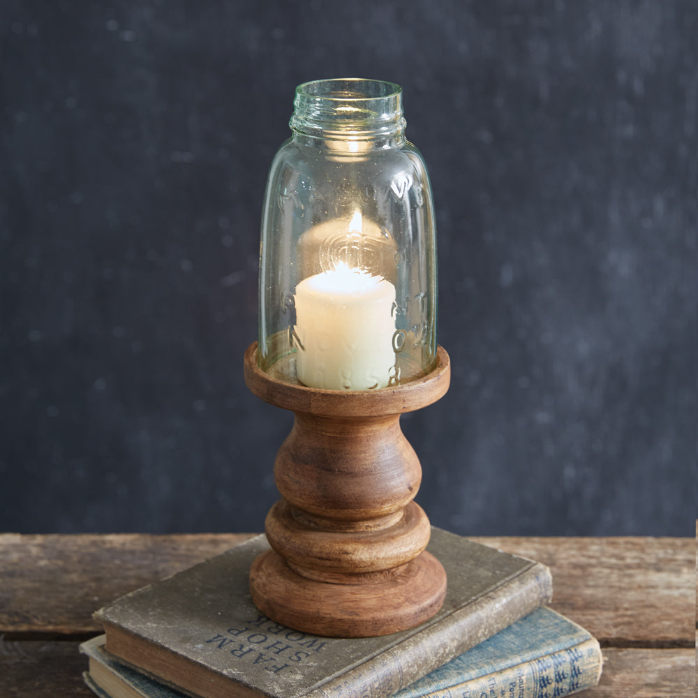 Wooden Candle Holder with Mason Jar Chimney - Midget Pint - Bombay Mercantile