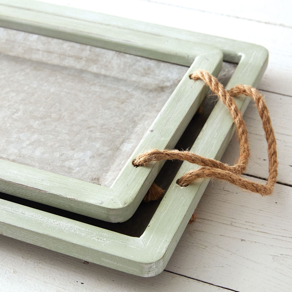 Set of Two Jade Galvanized Trays with Rope Handles - Bombay Mercantile