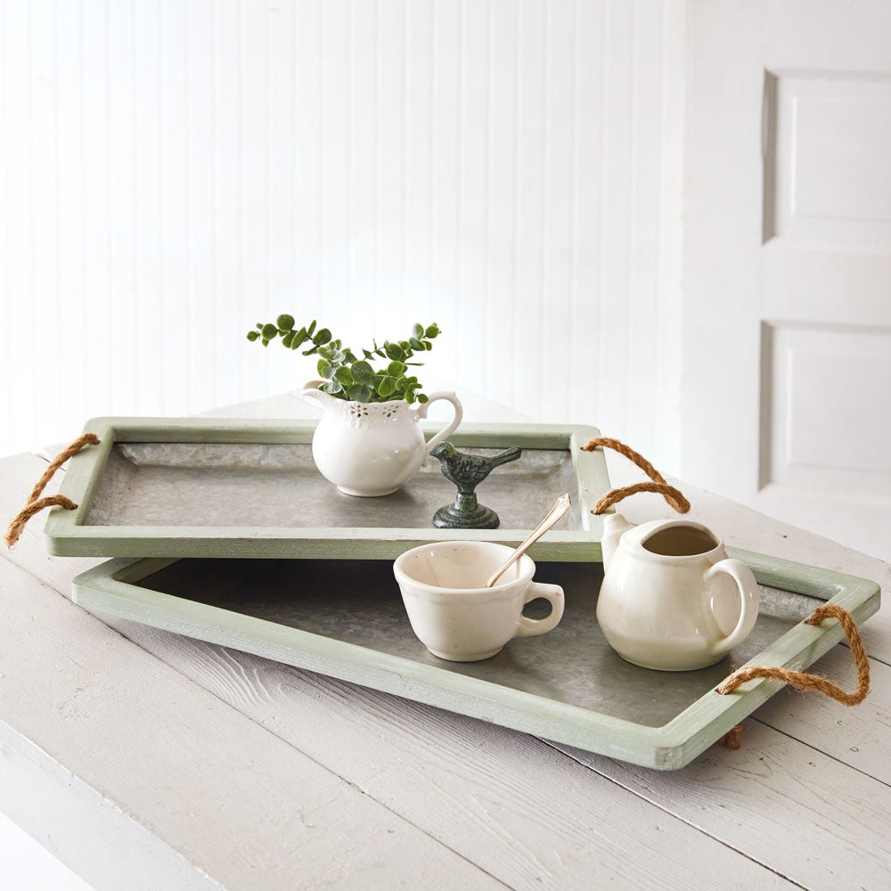 Set of Two Jade Galvanized Trays with Rope Handles - Bombay Mercantile