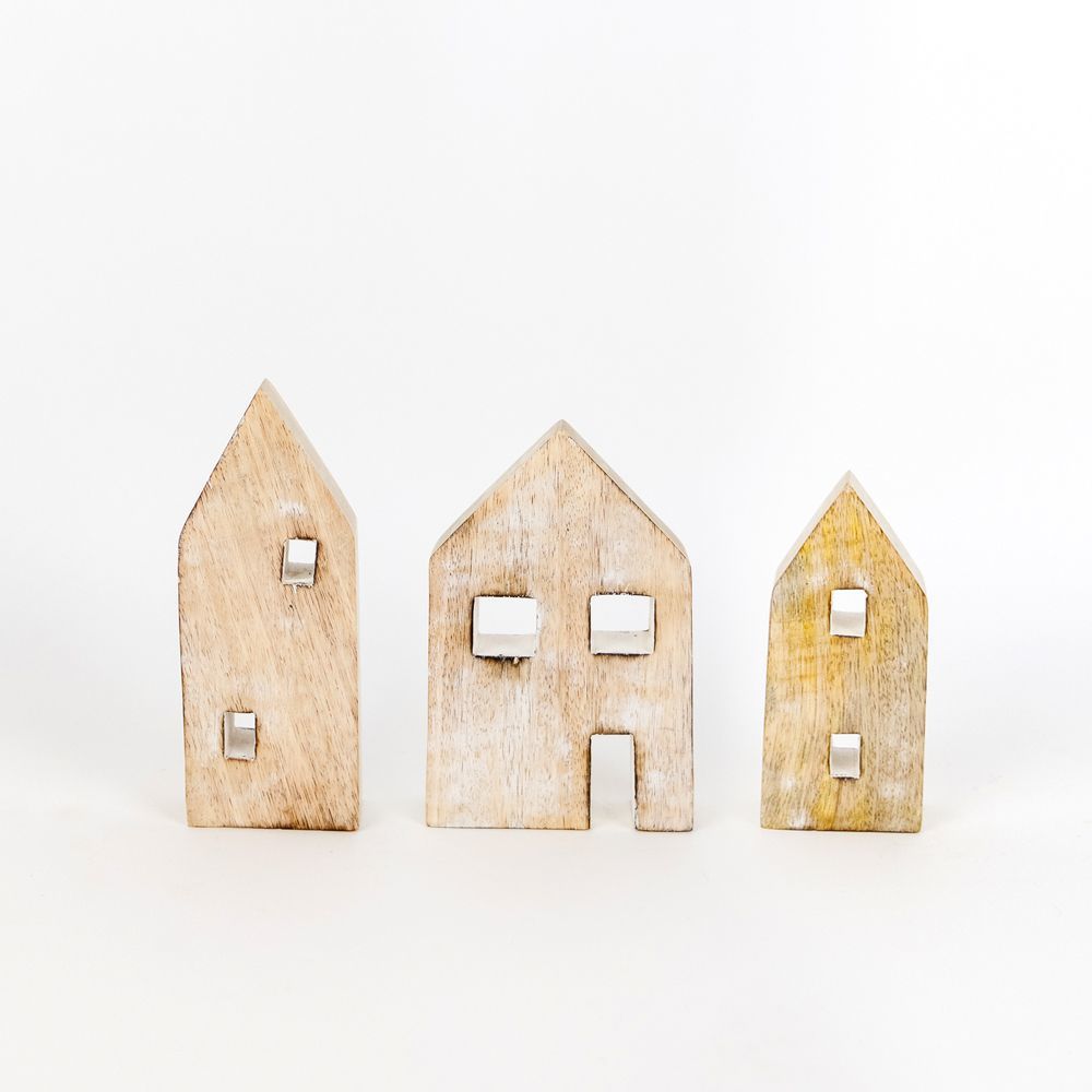 Mango wood cut-out HOUSES, set of 3 - The Nifty Decor
