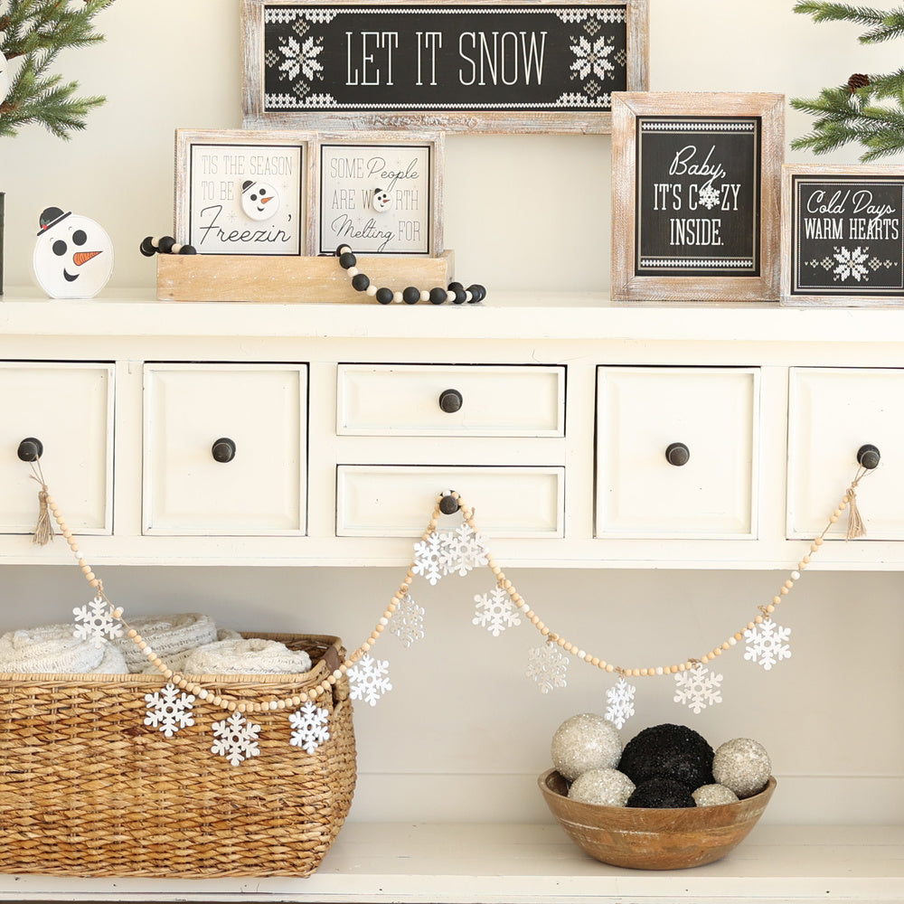 Wood beaded garland with Tassels- SNOWFLAKES - Bombay Mercantile