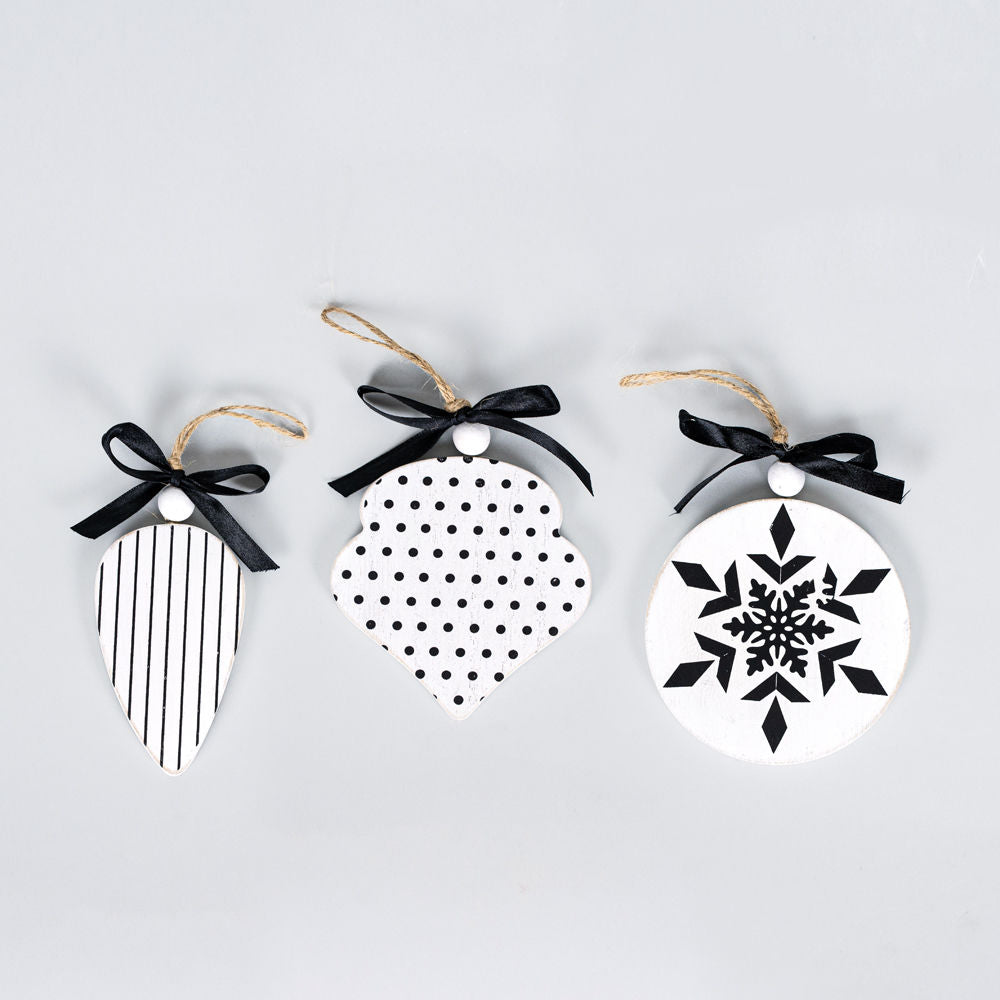 White and Black set of 3 Wooden Ornaments - Bombay Mercantile