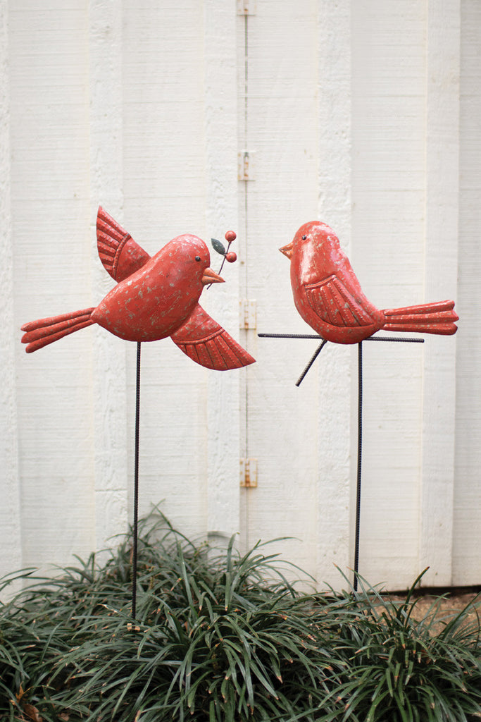 Set of 2 hand-hammered red bird yard stakes - Bombay Mercantile