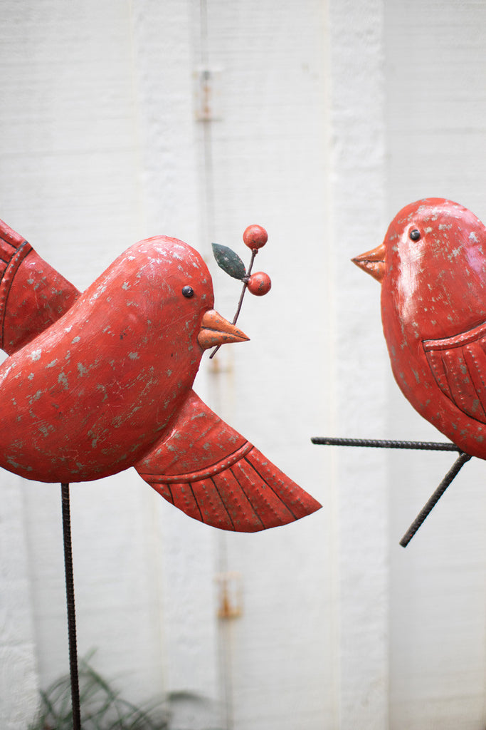 Set of 2 hand-hammered red bird yard stakes - Bombay Mercantile
