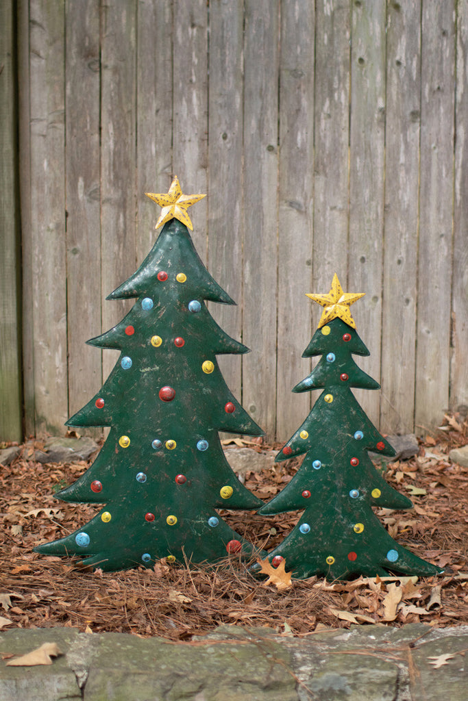 Set of 2 hand-hammered metal Christmas tree yard stakes - Bombay Mercantile