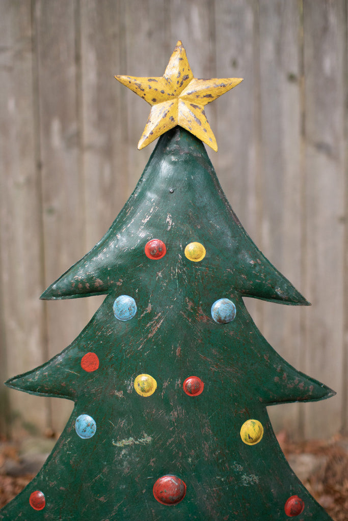 Set of 2 hand-hammered metal Christmas tree yard stakes - Bombay Mercantile
