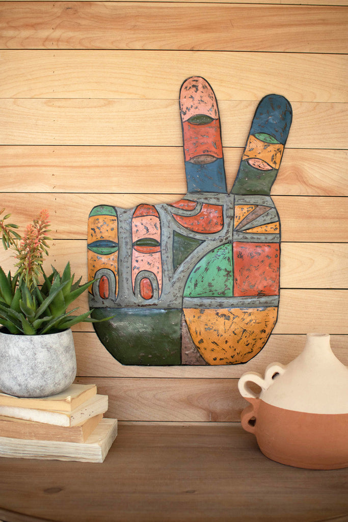 Painted metal peace sign hand wall hanging - Bombay Mercantile