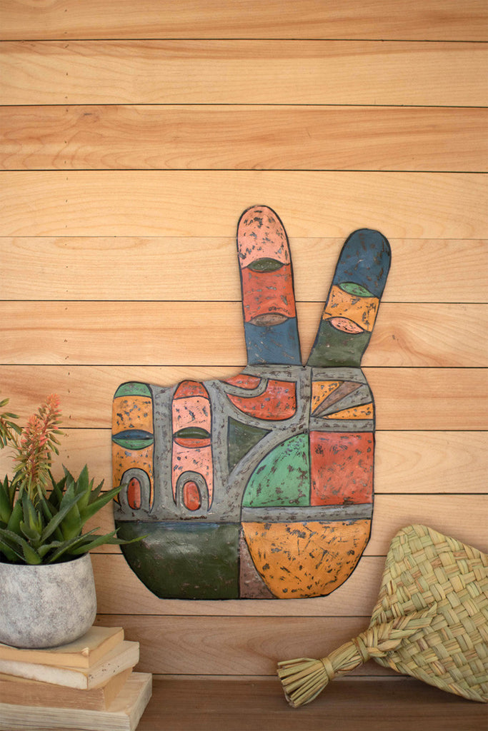 Painted metal peace sign hand wall hanging - Bombay Mercantile