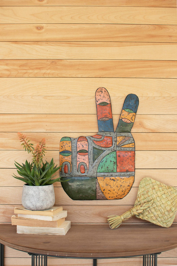 Painted metal peace sign hand wall hanging - Bombay Mercantile