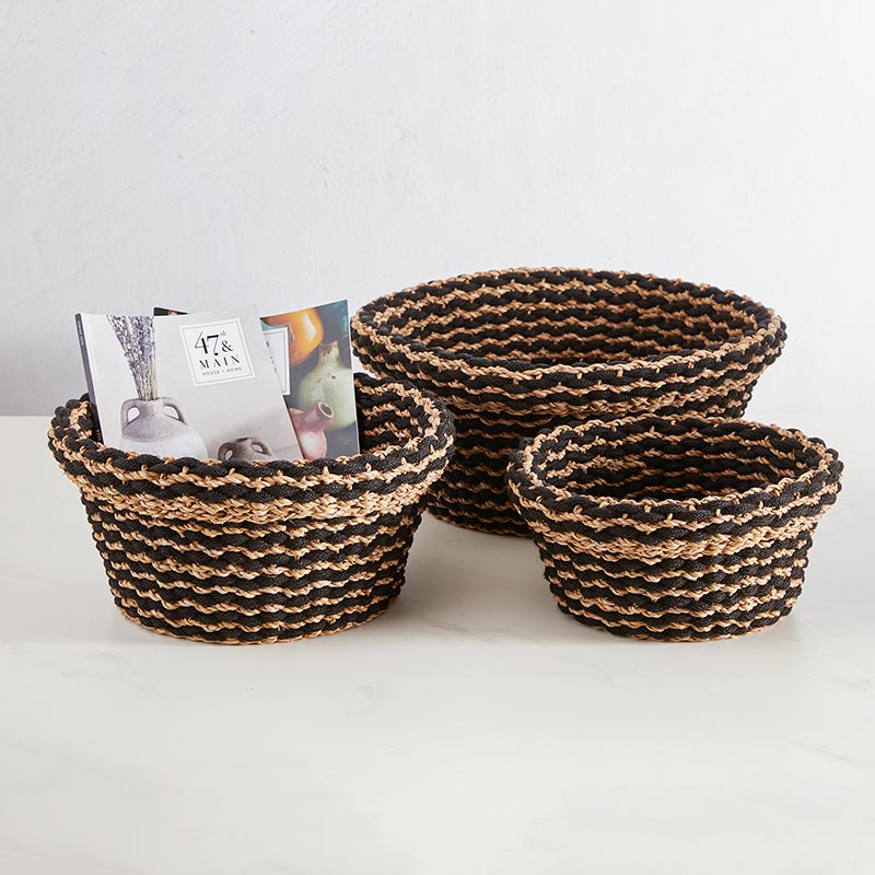 Round Black Stripe Basket Set - Bombay Mercantile