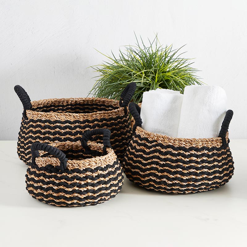 Black Stripe Round Basket with Handle Set - Bombay Mercantile