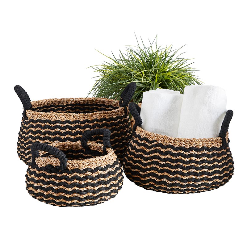 Black Stripe Round Basket with Handle Set - Bombay Mercantile