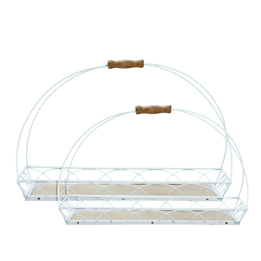 White metal tray set with wood base - Bombay Mercantile