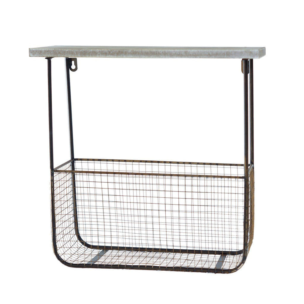 Metal shelf with wood top and Mesh basket - Bombay Mercantile