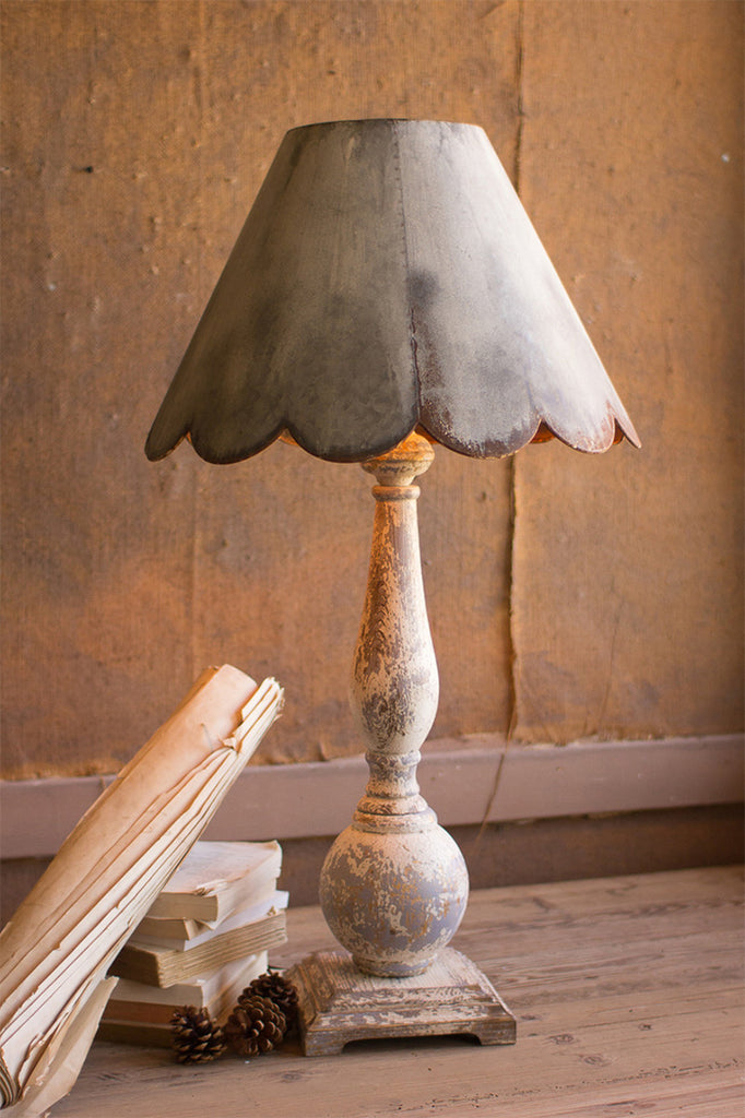 Table lamp \ wood base with rustic scalloped metal shade - The Nifty Decor