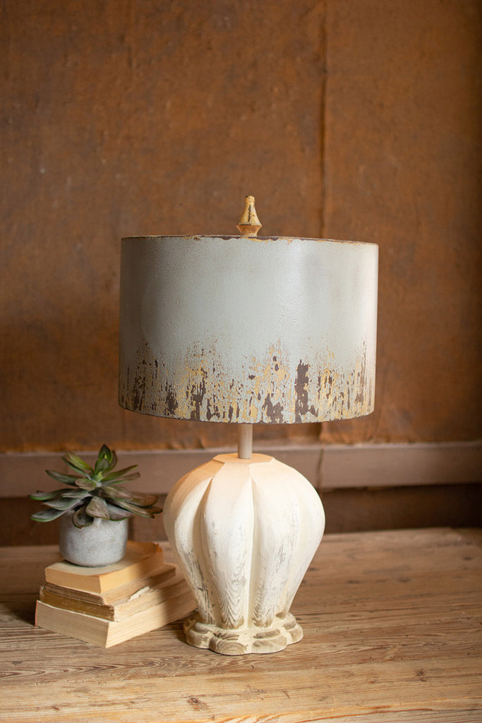 Table lamp with painted wooden base & grey metal barrel shade - The Nifty Decor