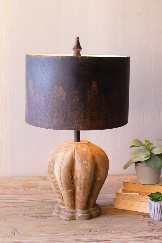 Table lamp with natural wooden base & dark metal barrel shade - The Nifty Decor