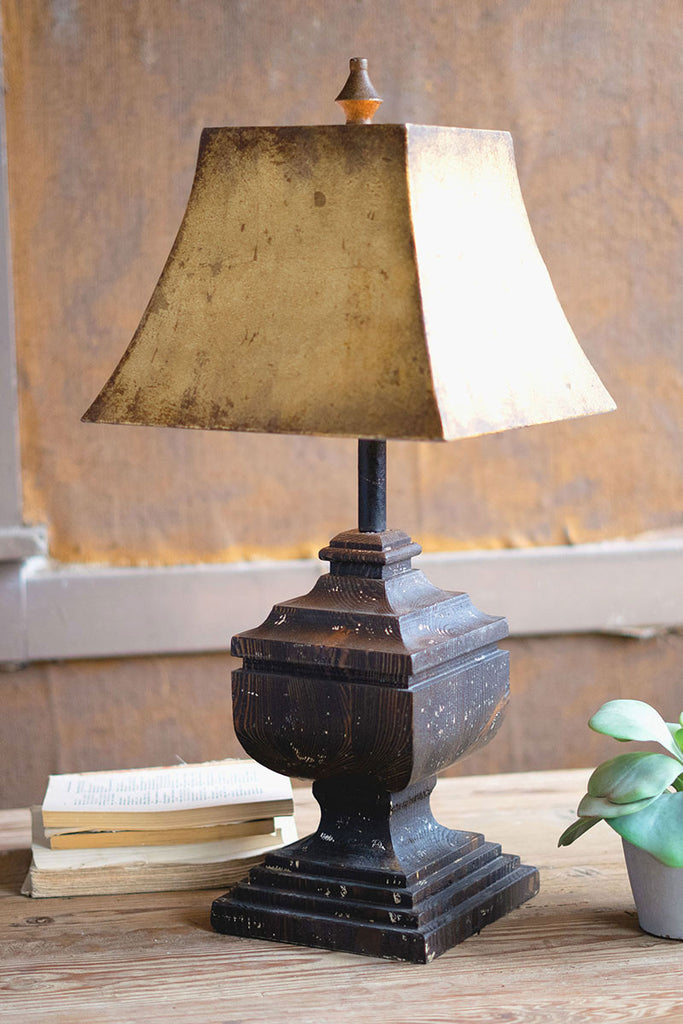 Black wooden table lamp with antique gold metal shade - The Nifty Decor