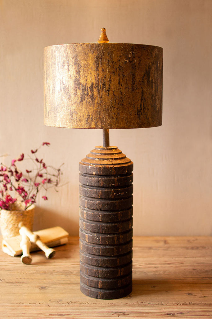Tall wooden table lamp with antique gold metal shade - The Nifty Decor